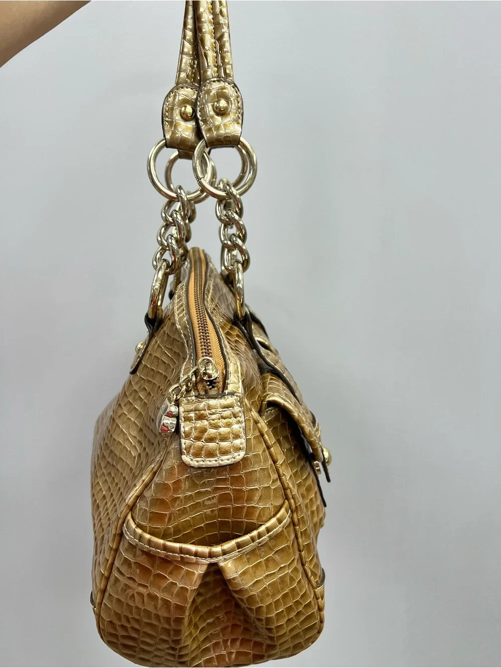 Kathy Van Zeeland Y2K Gold Croc-Embossed Chain Handle Shoulder Bag